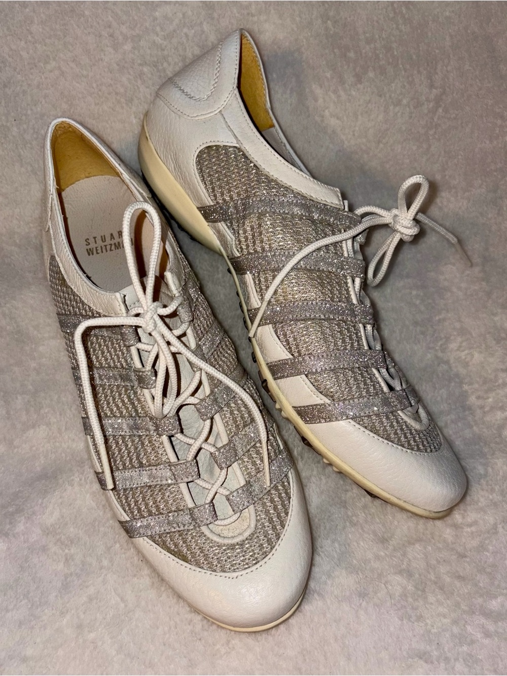 Stuart Weitzman Leather Sneakers White & Silver Mesh Sz 6.5